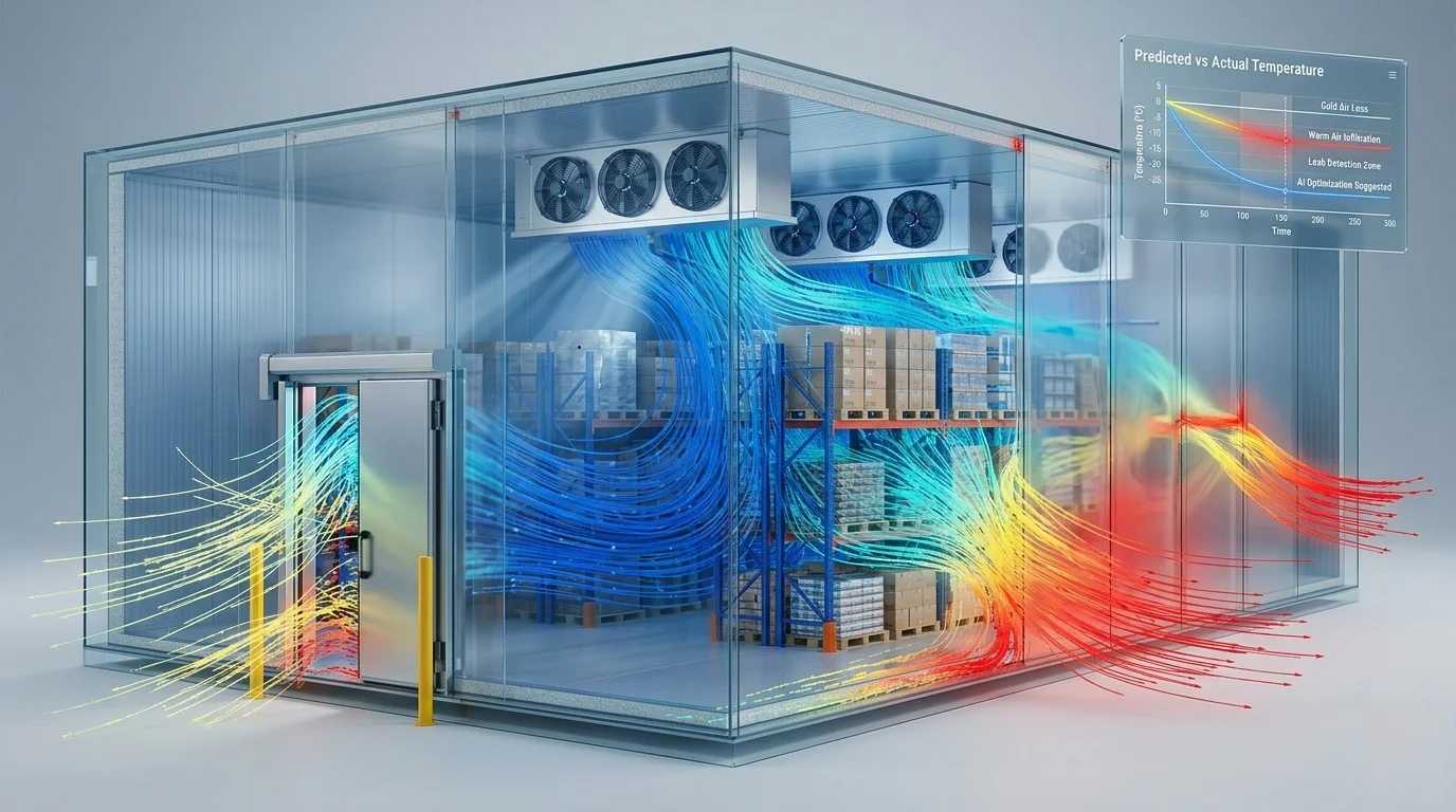 Blue-lit industrial cooling turbine